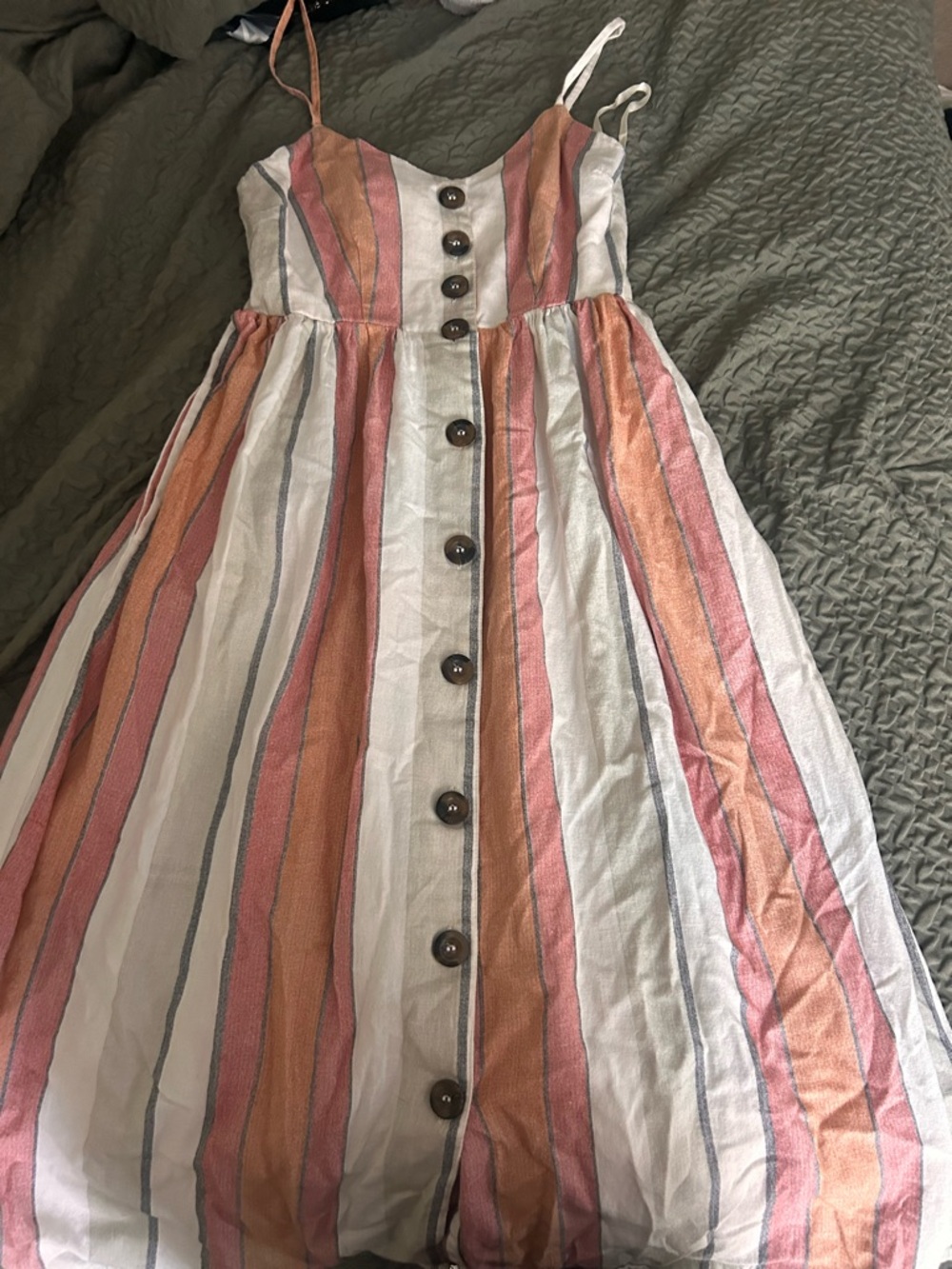 Striped Button-Front Sundress in White, Coral & Mustard